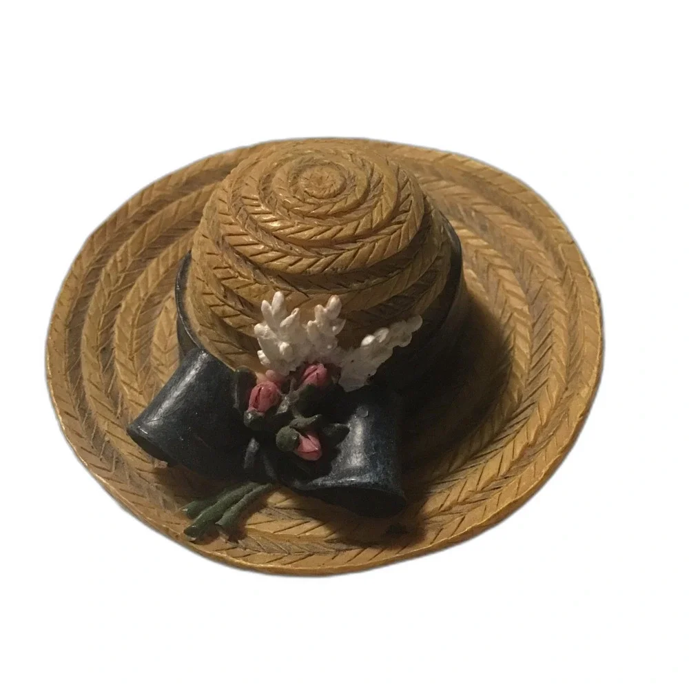 Vintage Dezine 1993 Hand-Painted Resin Straw Hat Trinket Box - Floral Garden 3